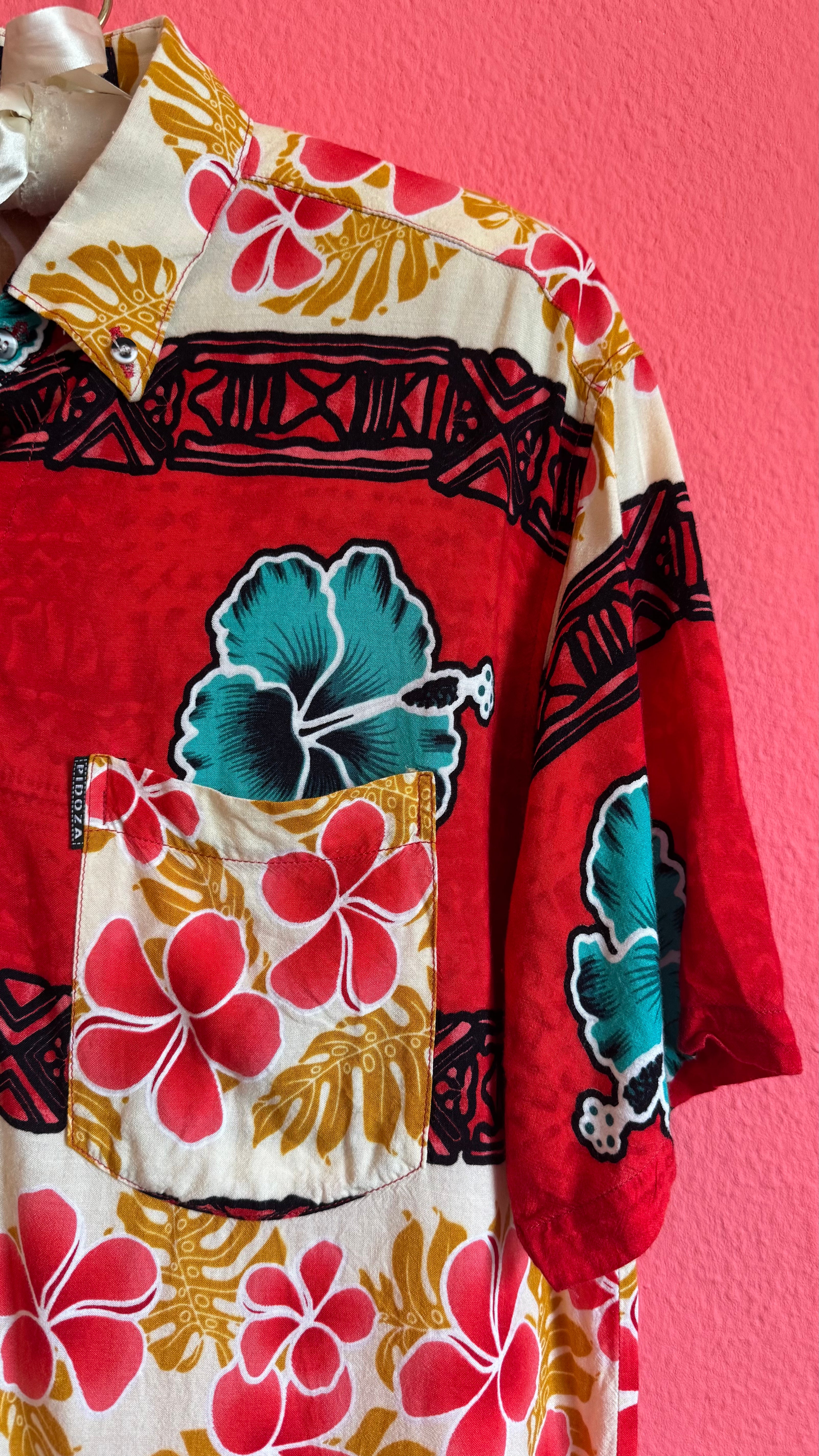 Vintage 1990s Red Hawaiian Hibiscus Shirt