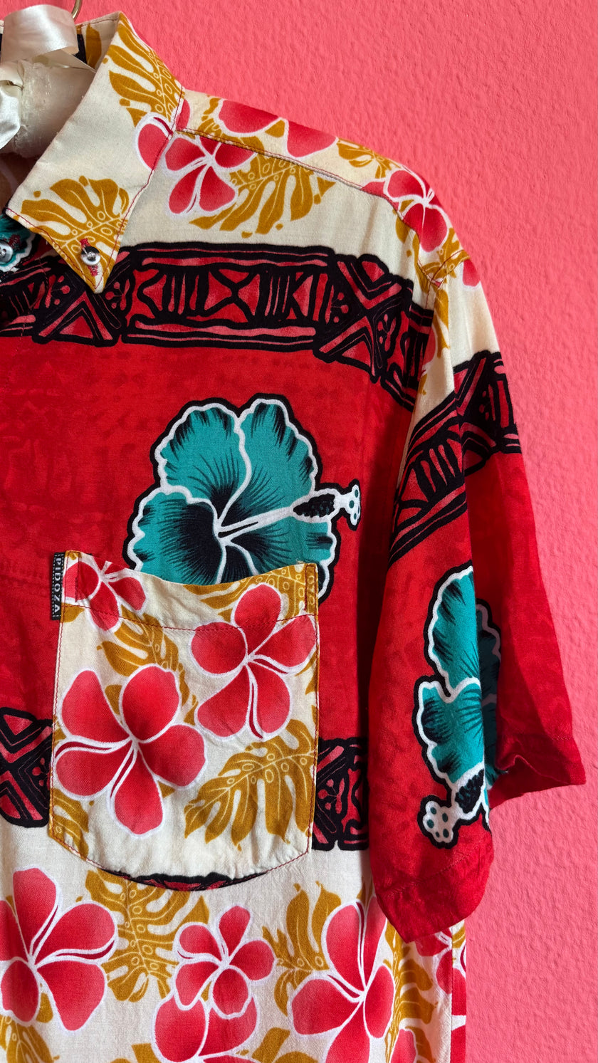Vintage 1990s Red Hawaiian Hibiscus Shirt