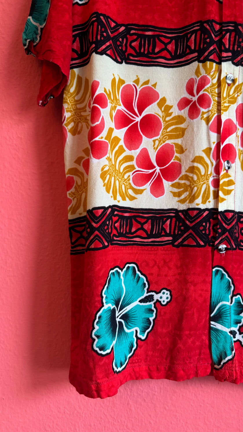 Vintage 1990s Red Hawaiian Hibiscus Shirt