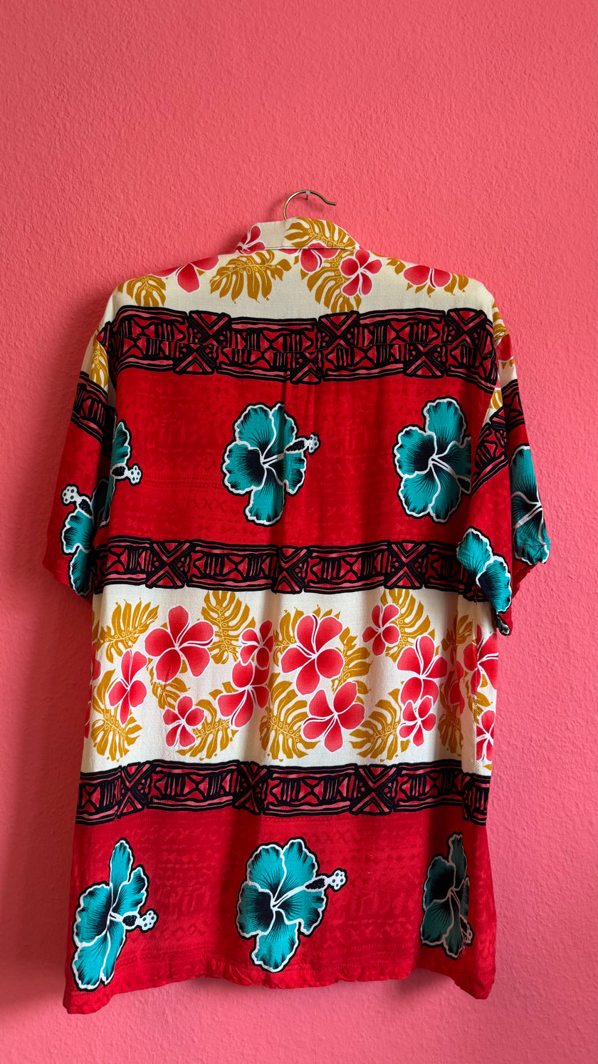 Vintage 1990s Red Hawaiian Hibiscus Shirt