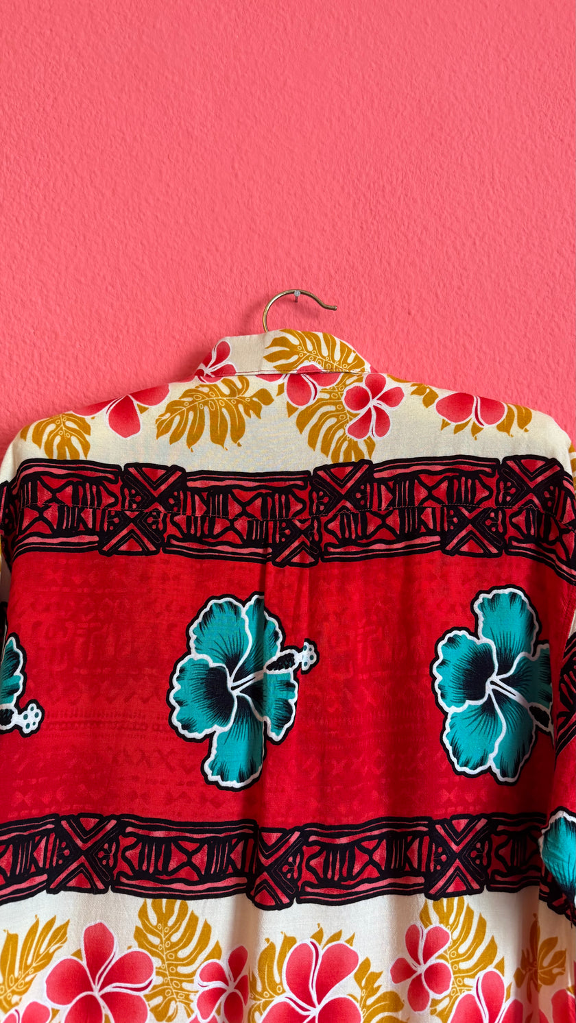 Vintage 1990s Red Hawaiian Hibiscus Shirt