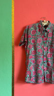 Vintage 1970s-Style Turquoise Pink Floral Short-Sleeve Shirt