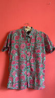 Vintage 1970s-Style Turquoise Pink Floral Short-Sleeve Shirt