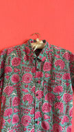 Vintage 1970s-Style Turquoise Pink Floral Short-Sleeve Shirt