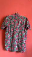 Vintage 1970s-Style Turquoise Pink Floral Short-Sleeve Shirt