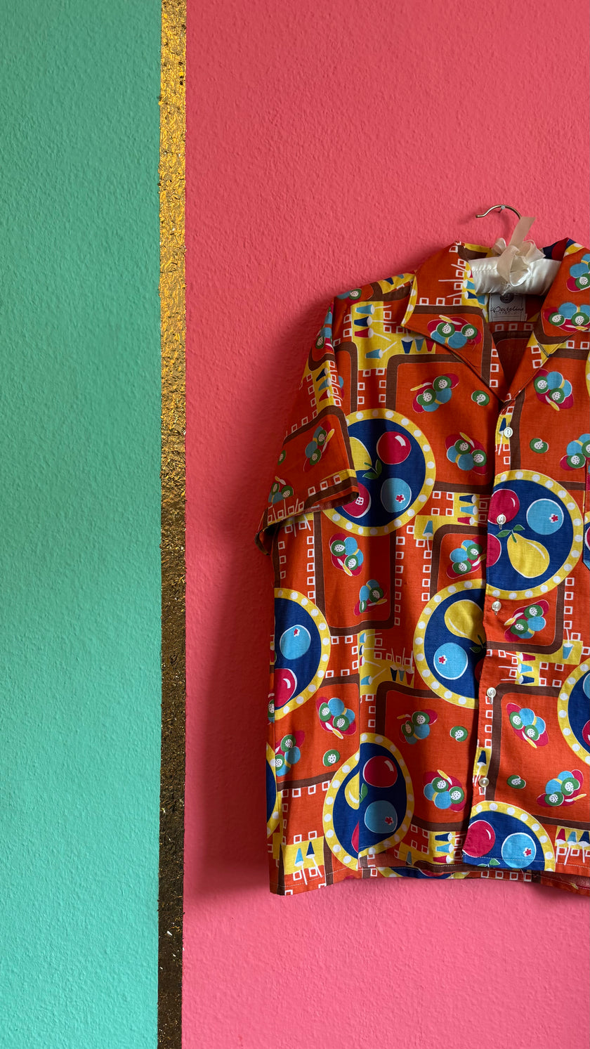 Vintage 1970s Orange Novelty Fruit Print Short-Sleeve Shirt