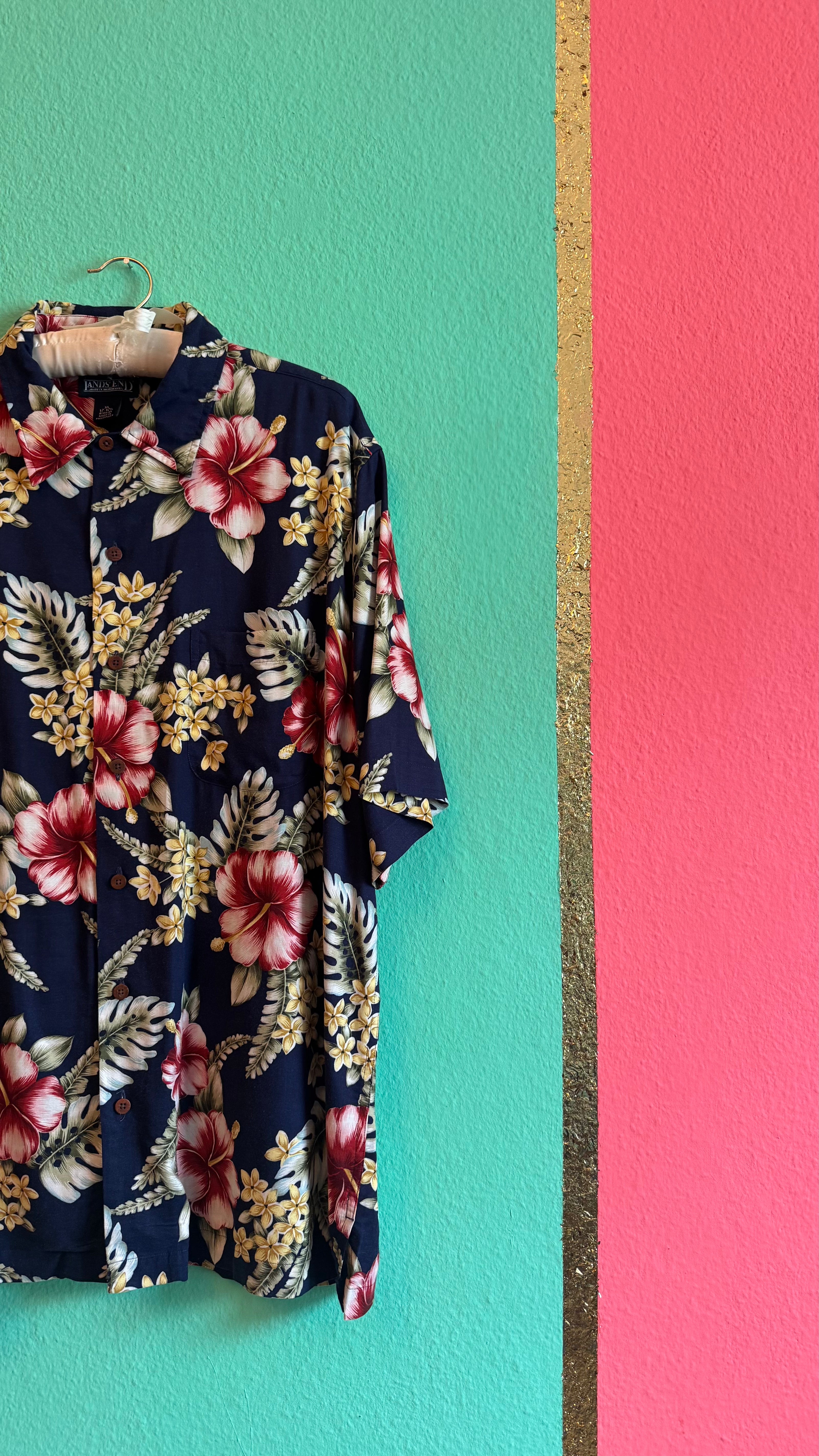 Vintage 1990s Lands’ End Navy Hibiscus Hawaiian Shirt