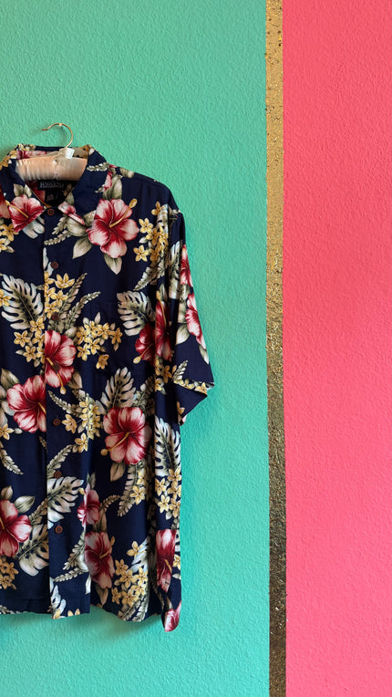 Vintage 1990s Lands’ End Navy Hibiscus Hawaiian Shirt