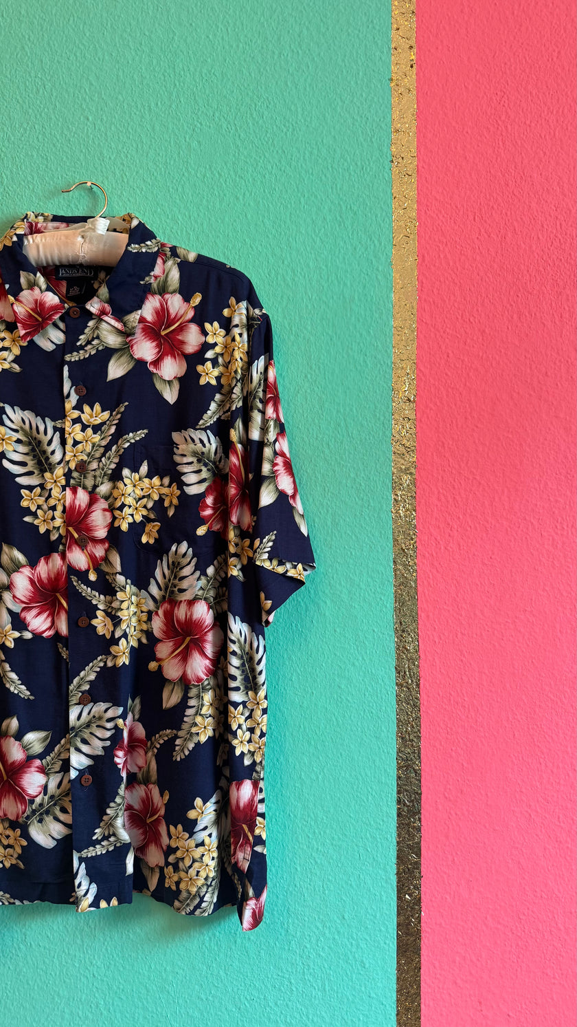 Vintage 1990s Lands’ End Navy Hibiscus Hawaiian Shirt