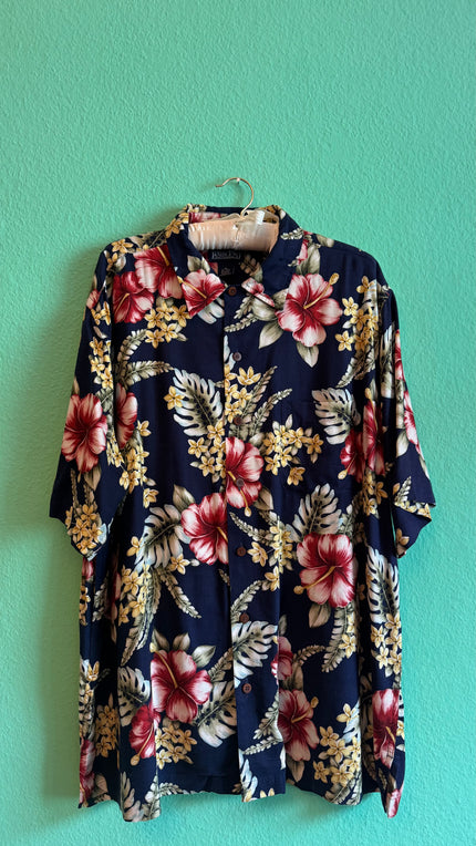 Vintage 1990s Lands’ End Navy Hibiscus Hawaiian Shirt