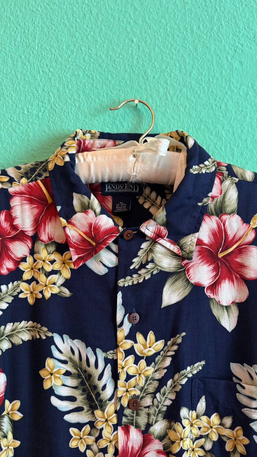 Vintage 1990s Lands’ End Navy Hibiscus Hawaiian Shirt