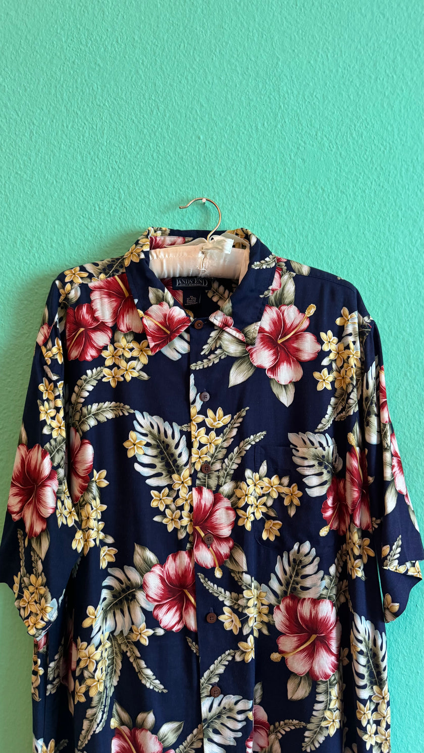 Vintage 1990s Lands’ End Navy Hibiscus Hawaiian Shirt