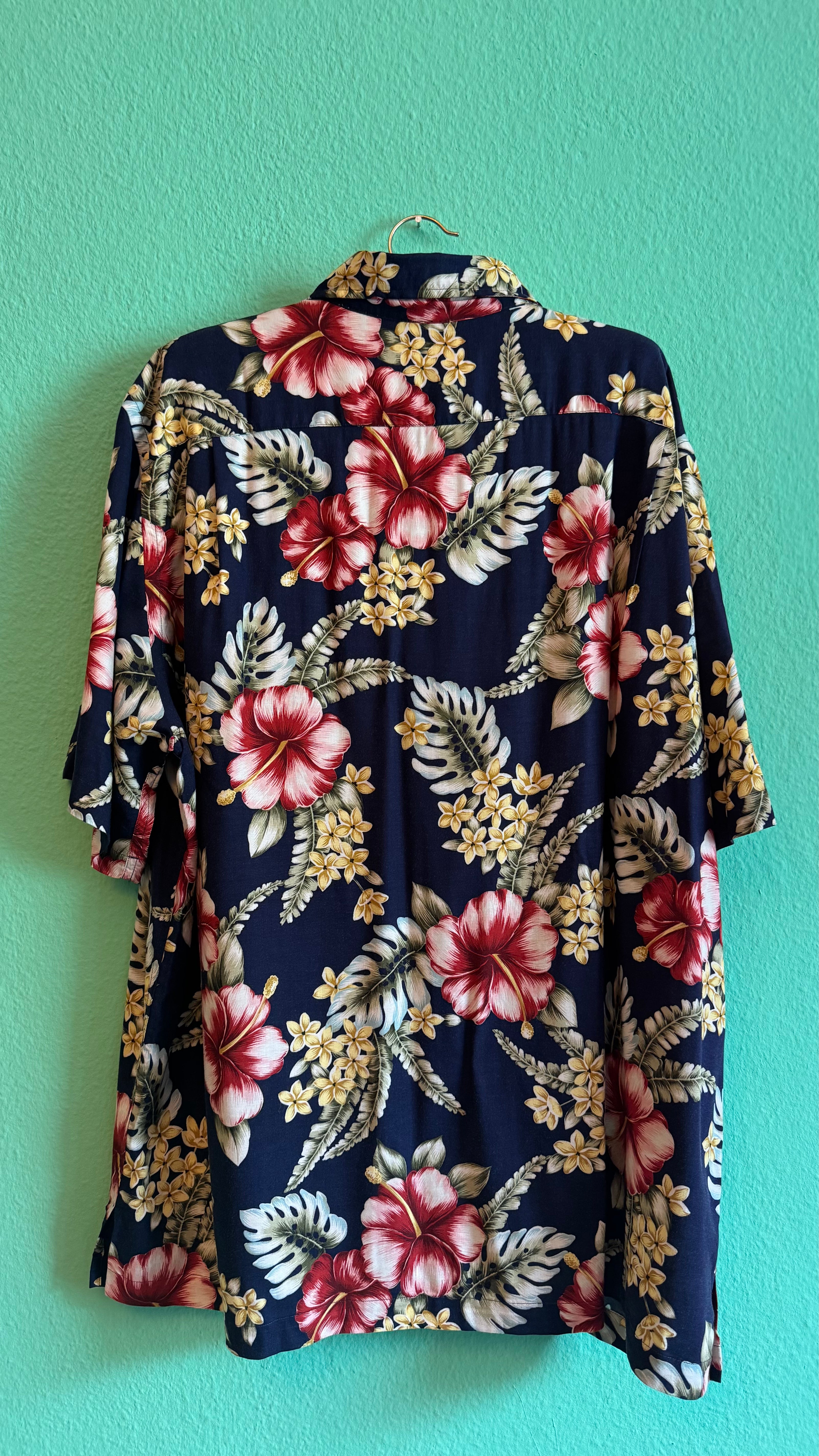Vintage 1990s Lands’ End Navy Hibiscus Hawaiian Shirt