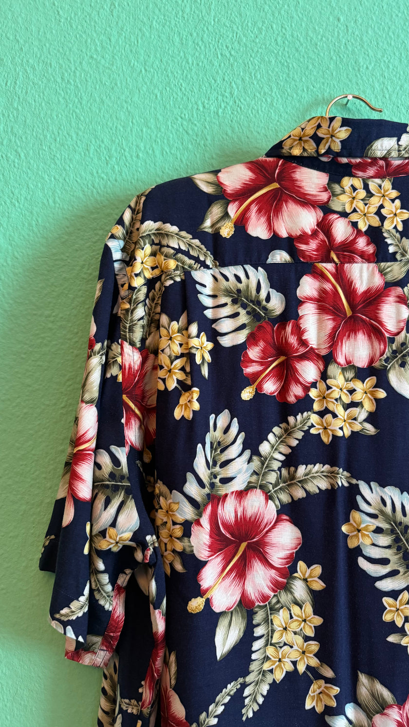 Vintage 1990s Lands’ End Navy Hibiscus Hawaiian Shirt
