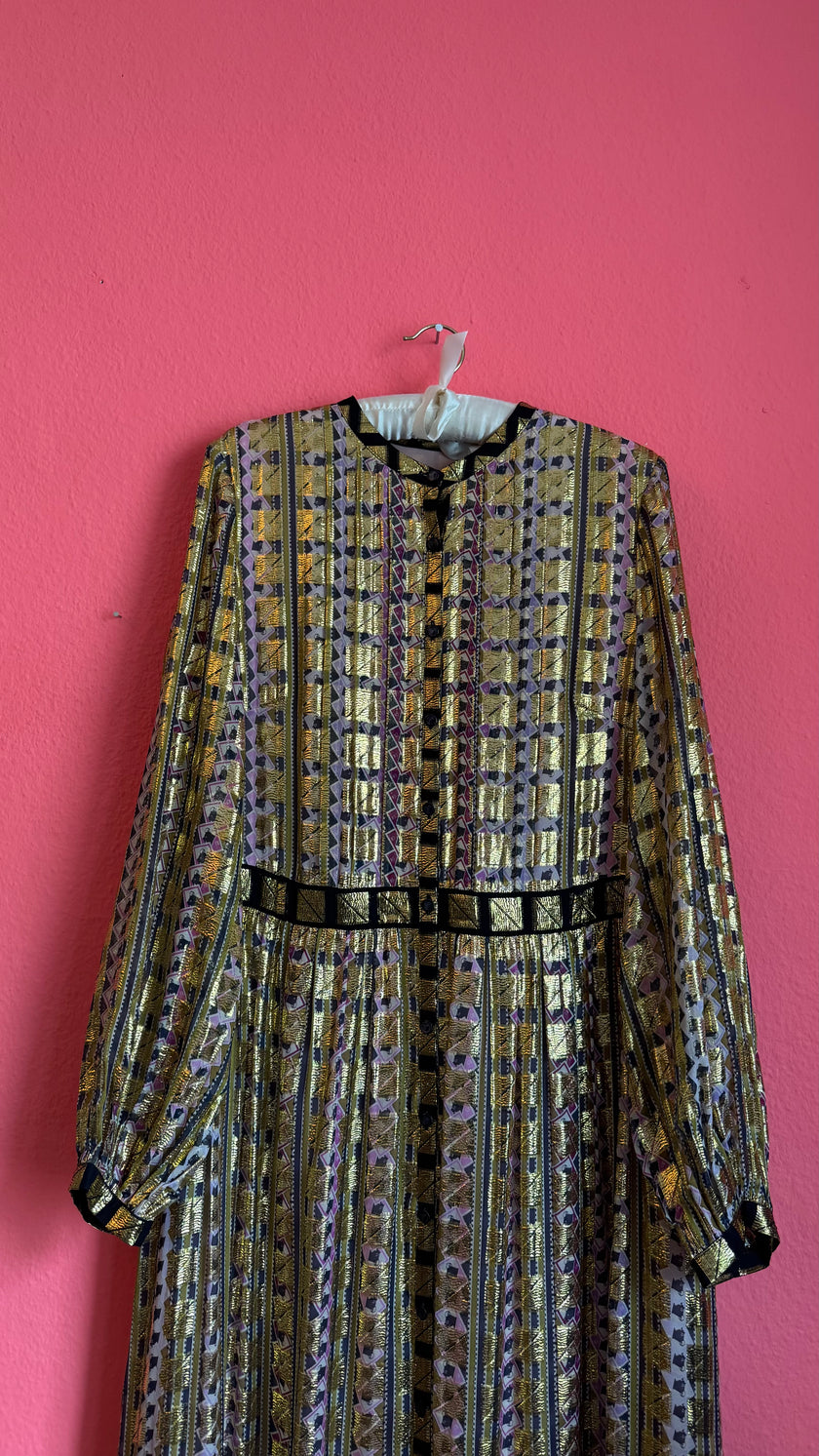 Vintage Temperley 1970s Metallic Geo Maxi Dress