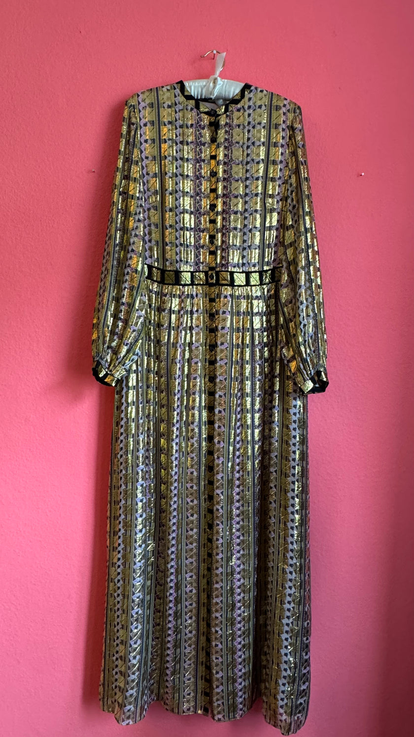 Vintage Temperley 1970s Metallic Geo Maxi Dress