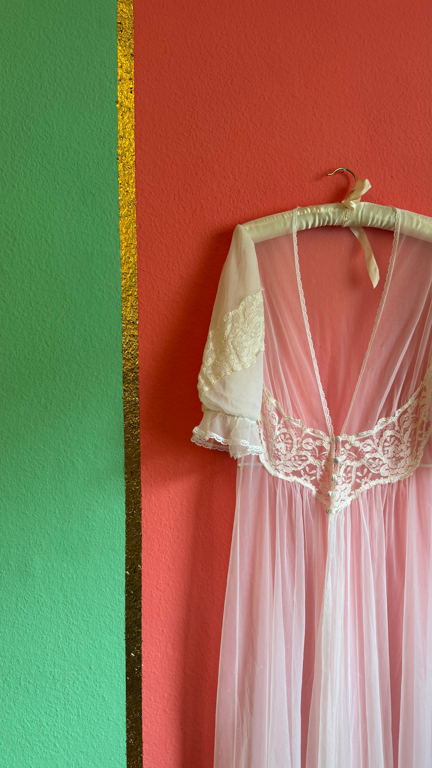 Vintage 1970s Sheer White Lace Peignoir Robe