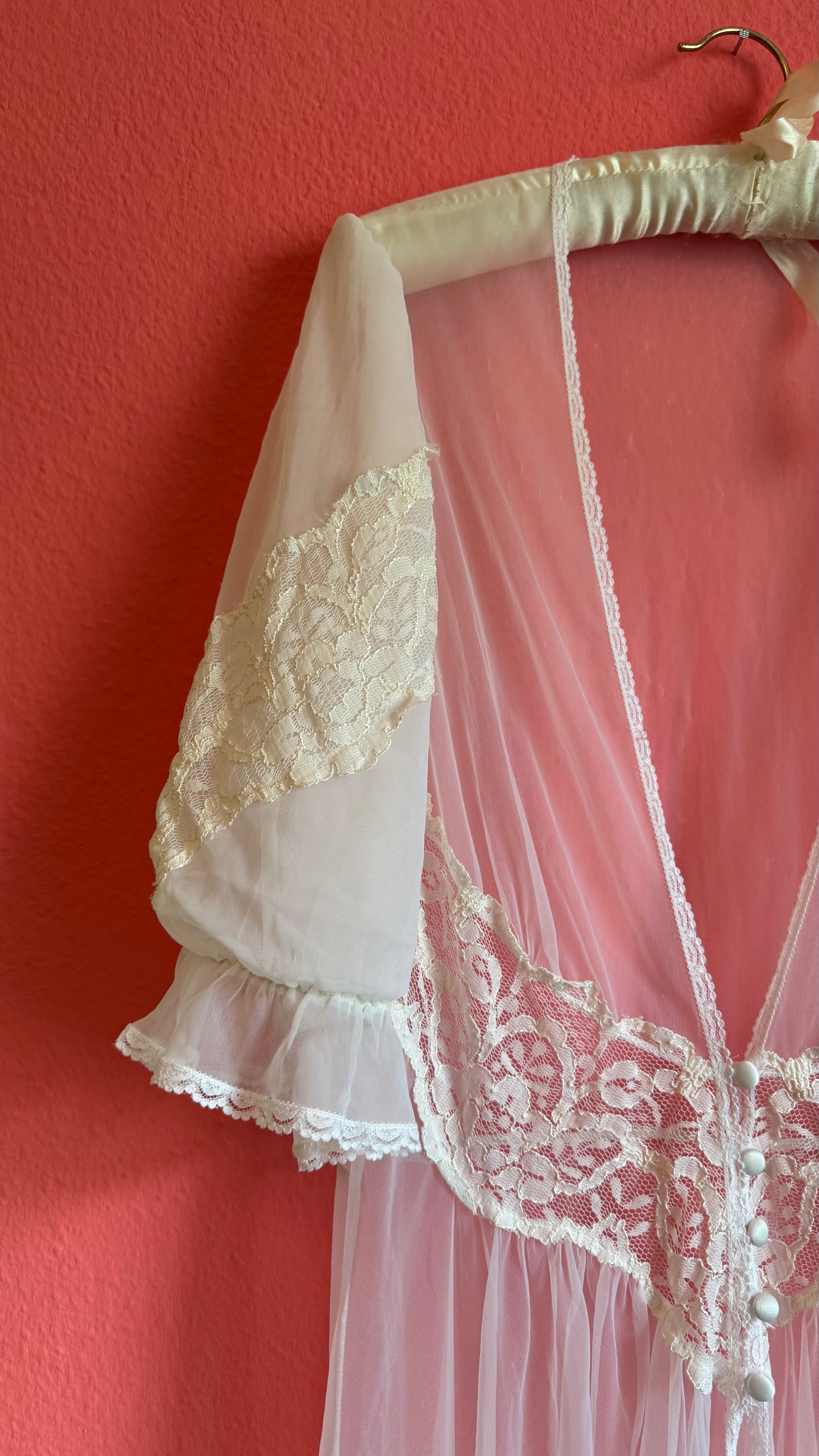 Vintage 1970s Sheer White Lace Peignoir Robe