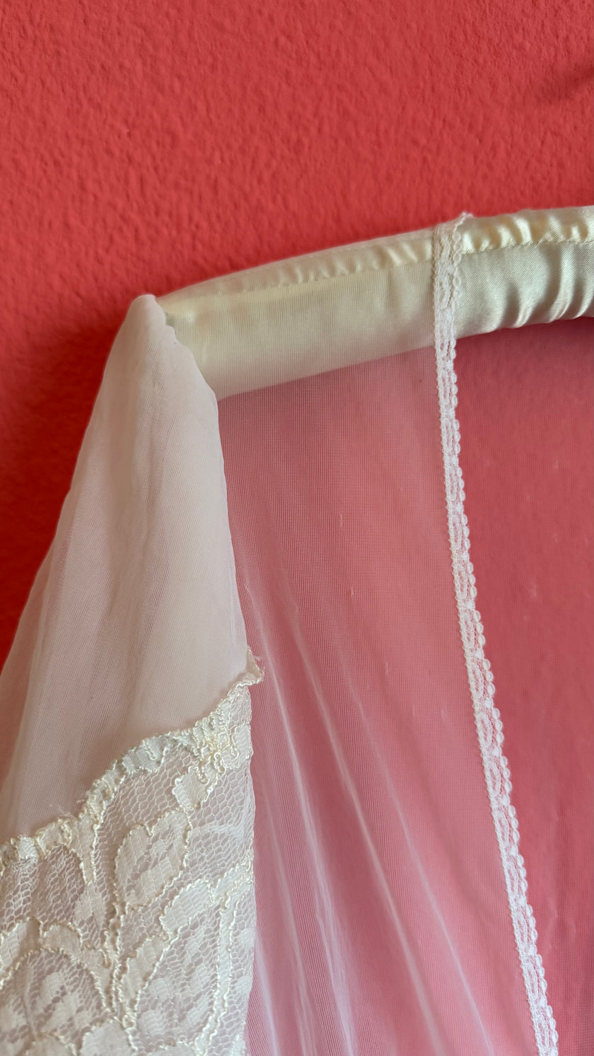 Vintage 1970s Sheer White Lace Peignoir Robe