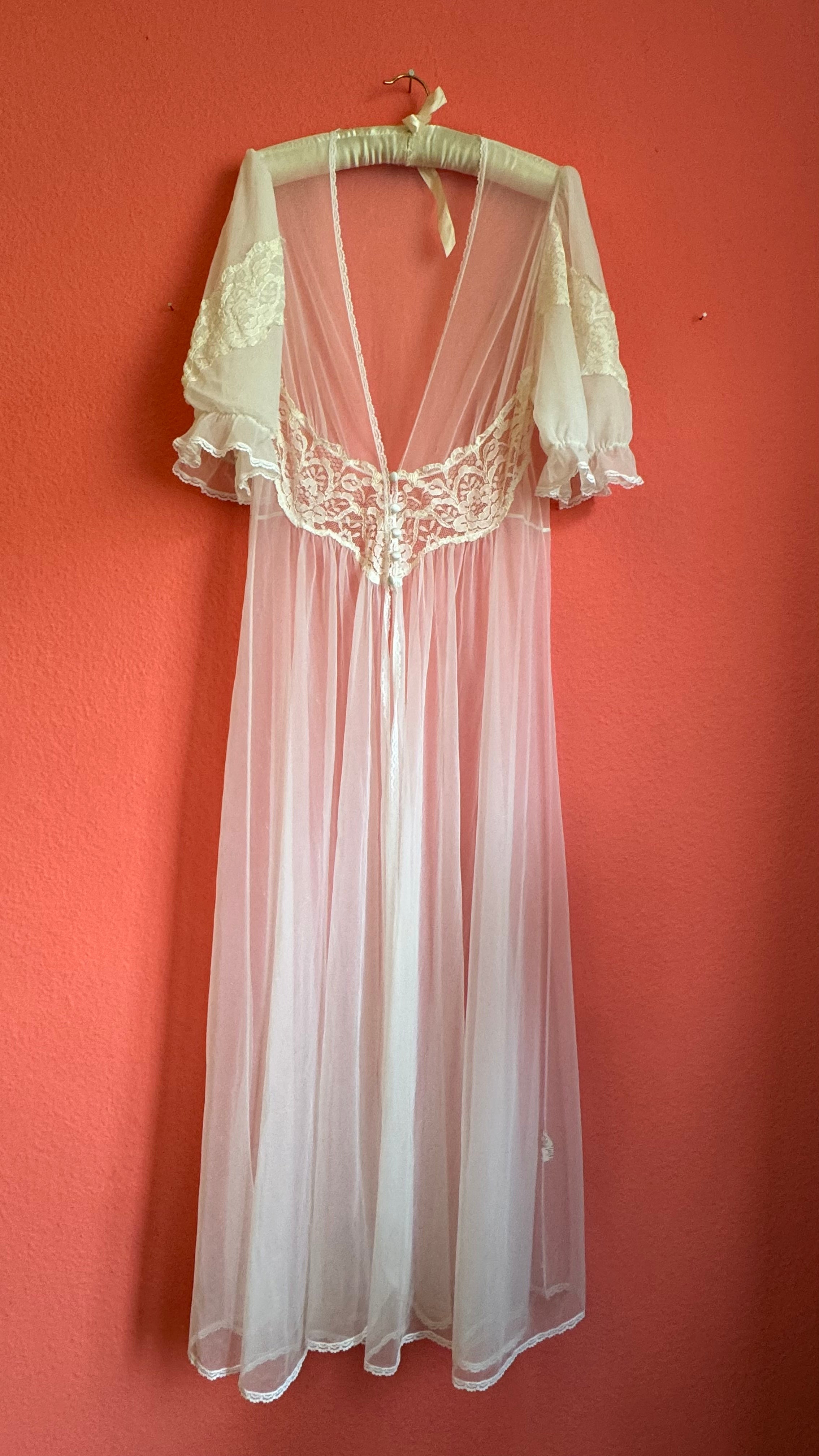 Vintage 1970s Sheer White Lace Peignoir Robe