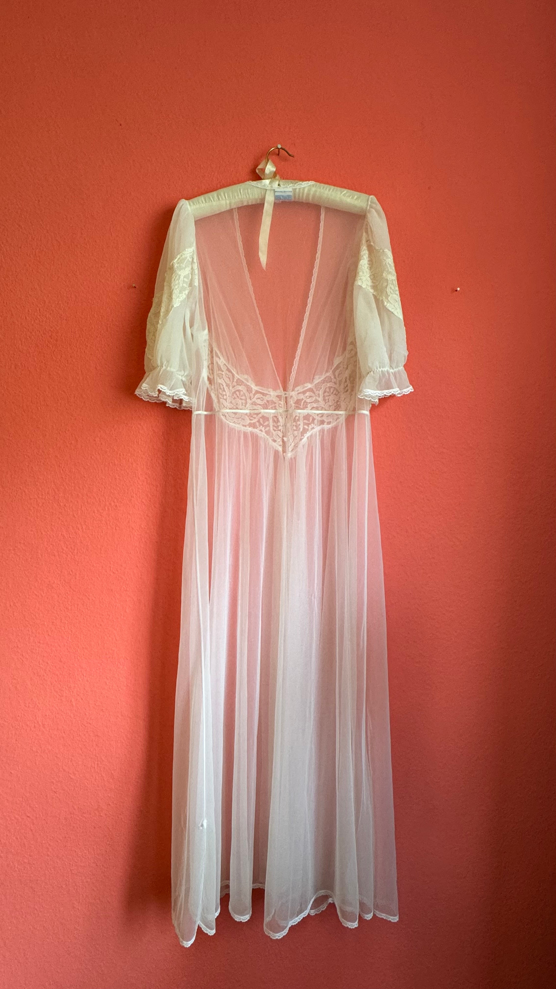 Vintage 1970s Sheer White Lace Peignoir Robe
