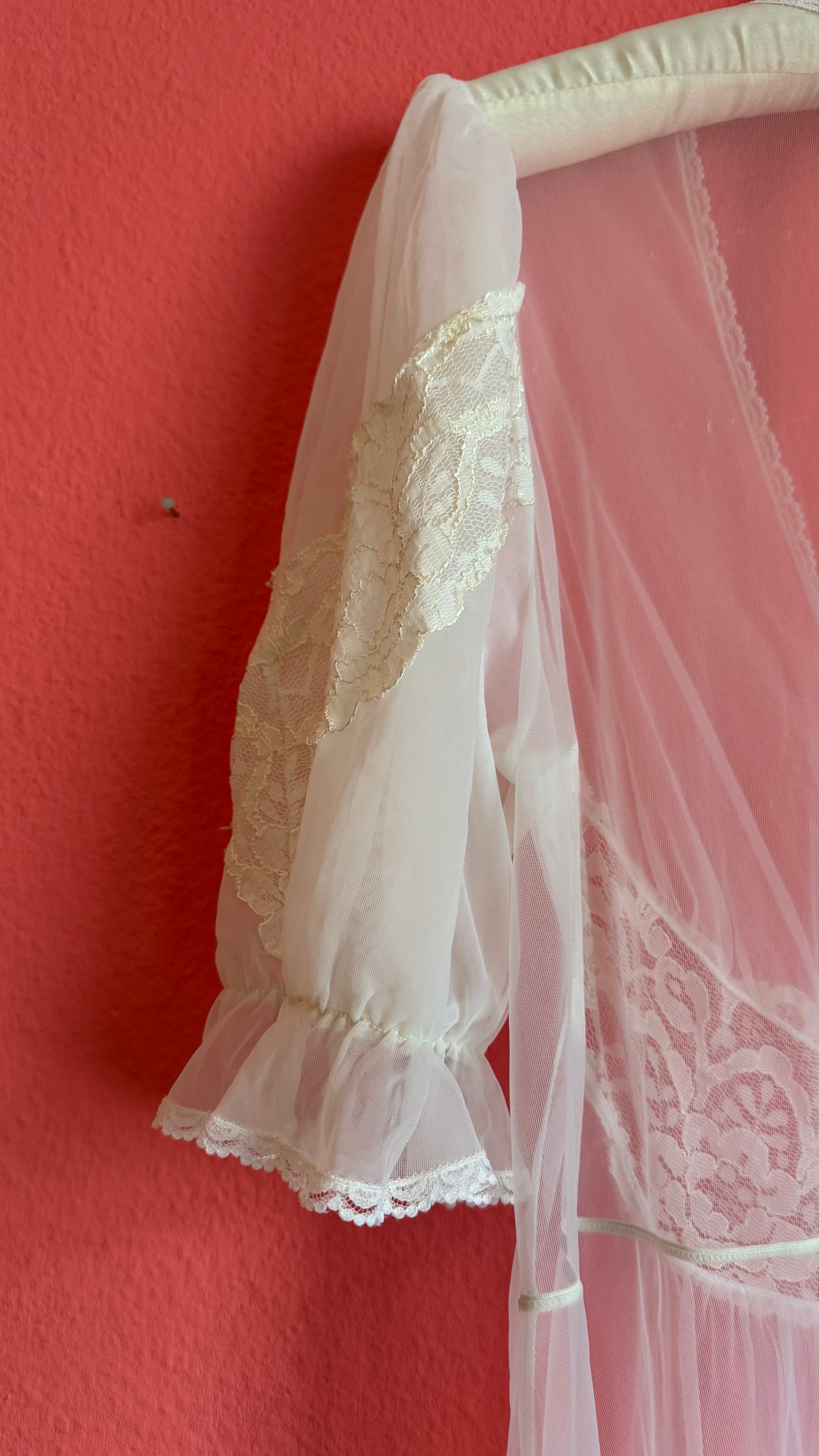 Vintage 1970s Sheer White Lace Peignoir Robe