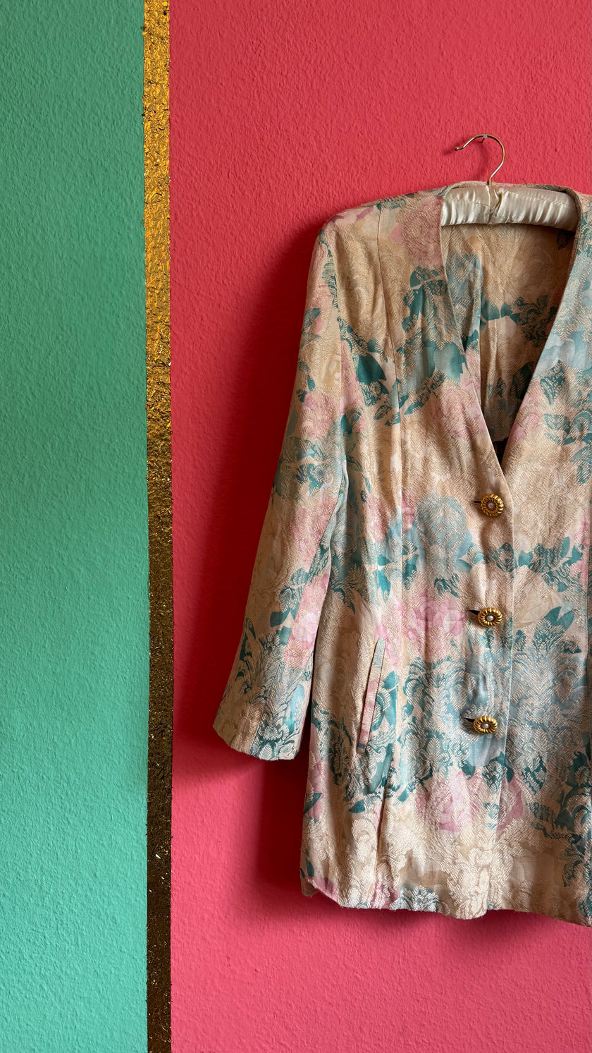 Vintage 1980s Pastel Floral Jacquard Longline Blazer