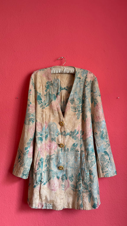 Vintage 1980s Pastel Floral Jacquard Longline Blazer