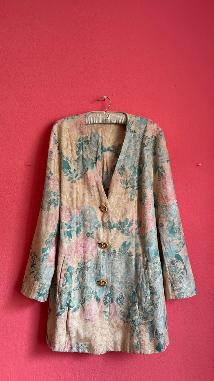 Vintage 1980s Pastel Floral Jacquard Longline Blazer