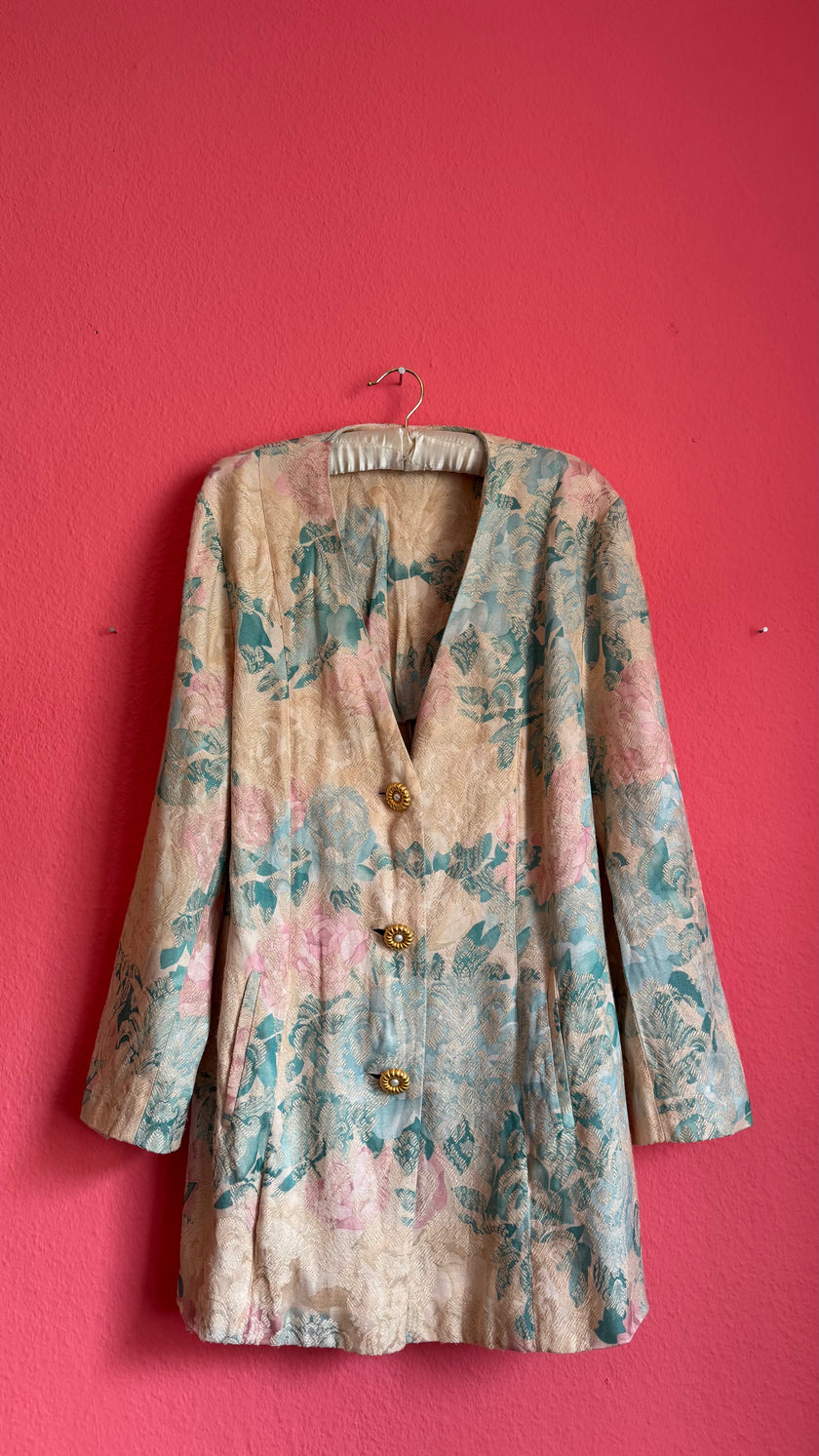 Vintage 1980s Pastel Floral Jacquard Longline Blazer