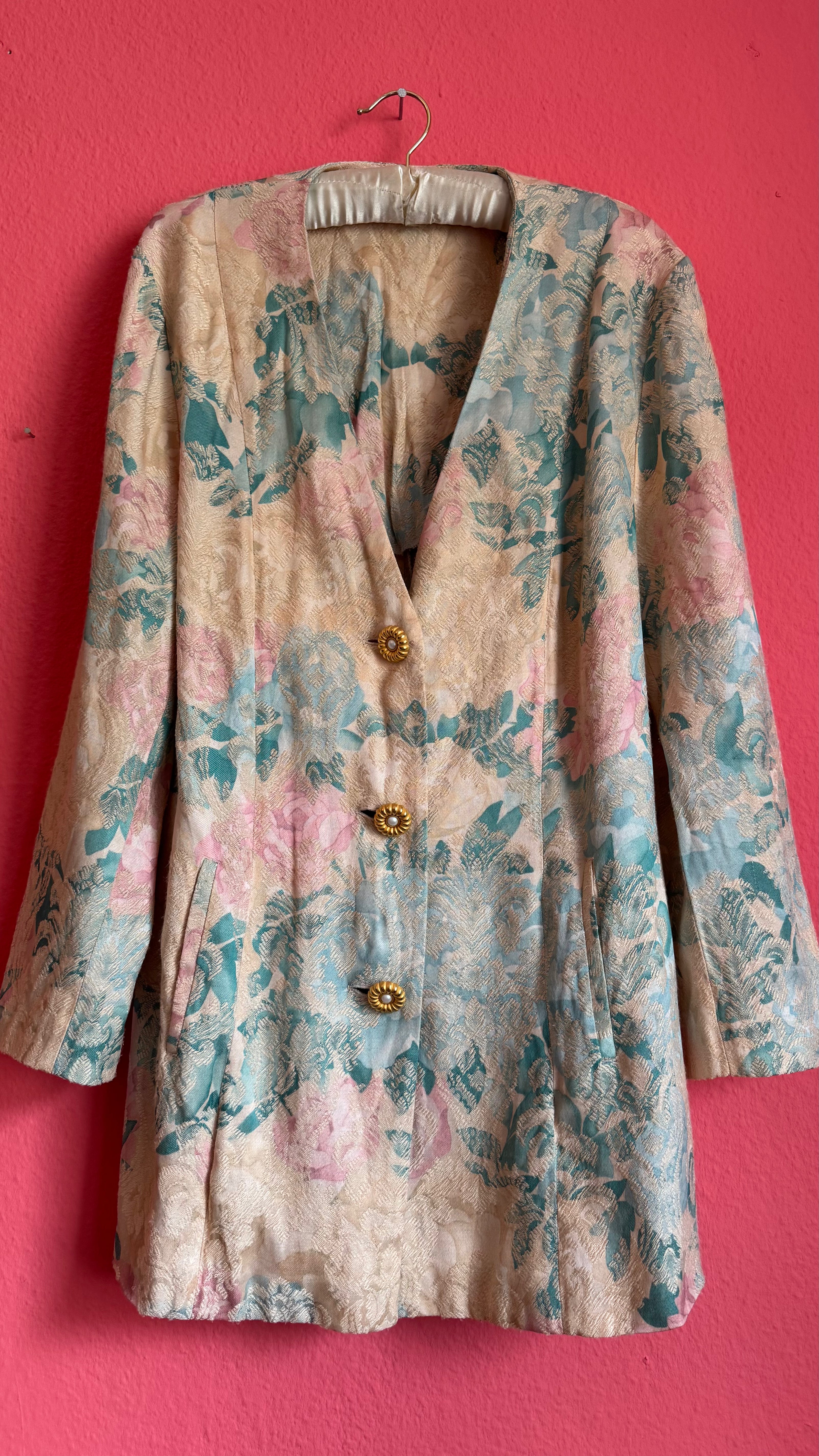 Vintage 1980s Pastel Floral Jacquard Longline Blazer
