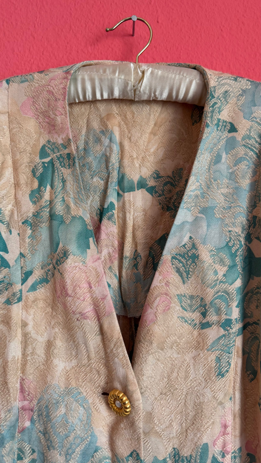 Vintage 1980s Pastel Floral Jacquard Longline Blazer