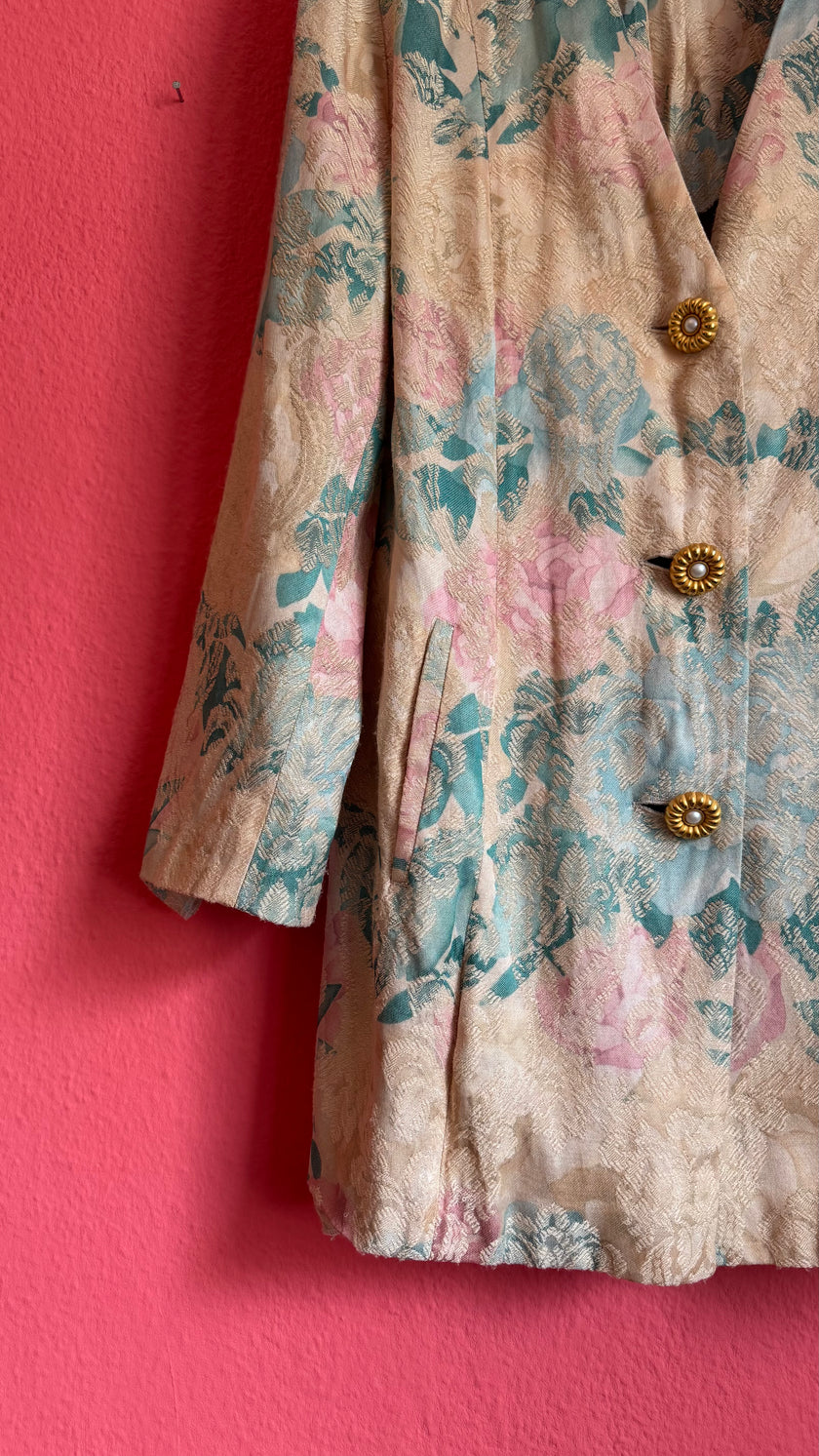 Vintage 1980s Pastel Floral Jacquard Longline Blazer