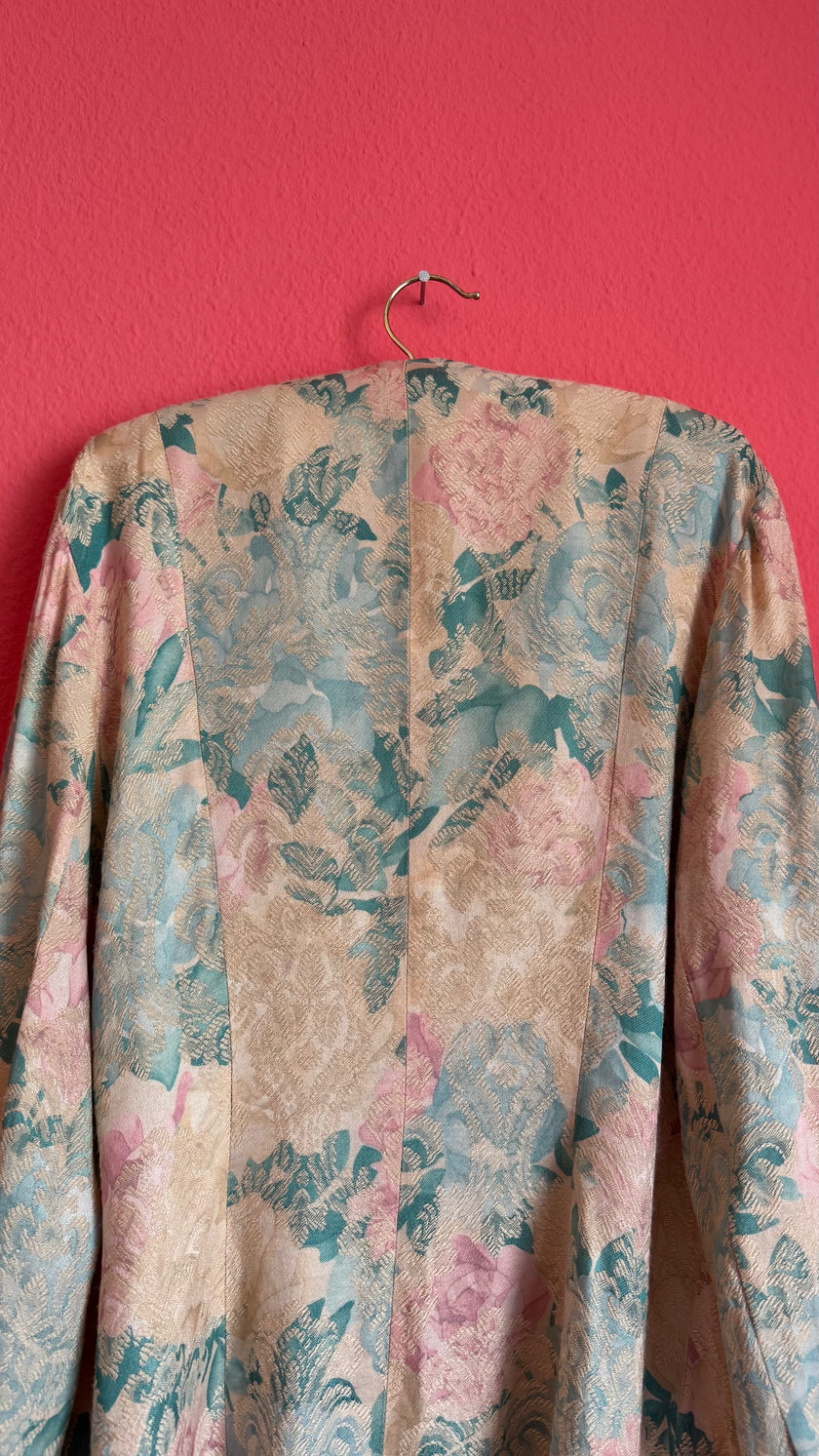 Vintage 1980s Pastel Floral Jacquard Longline Blazer