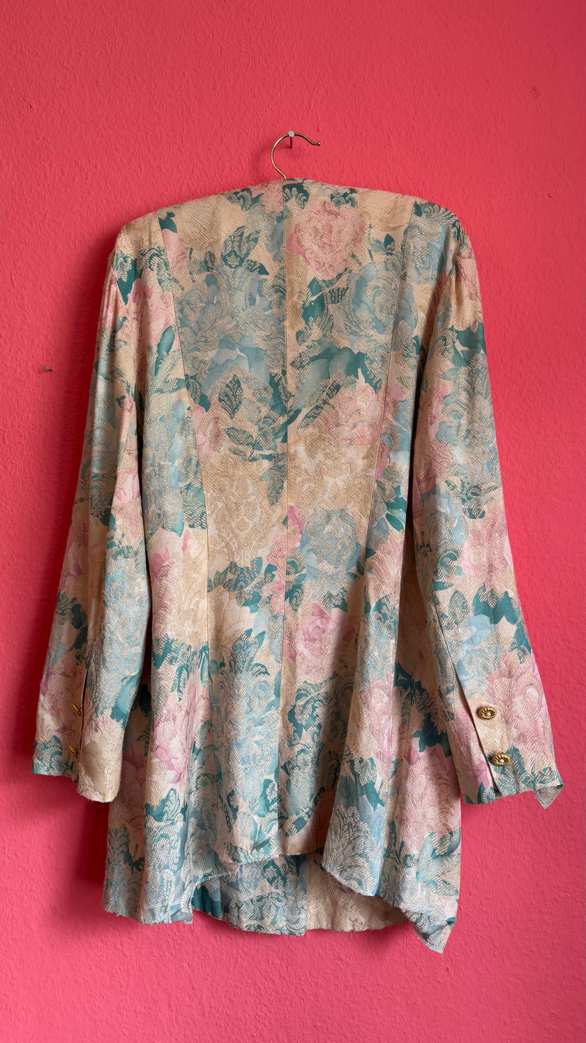 Vintage 1980s Pastel Floral Jacquard Longline Blazer