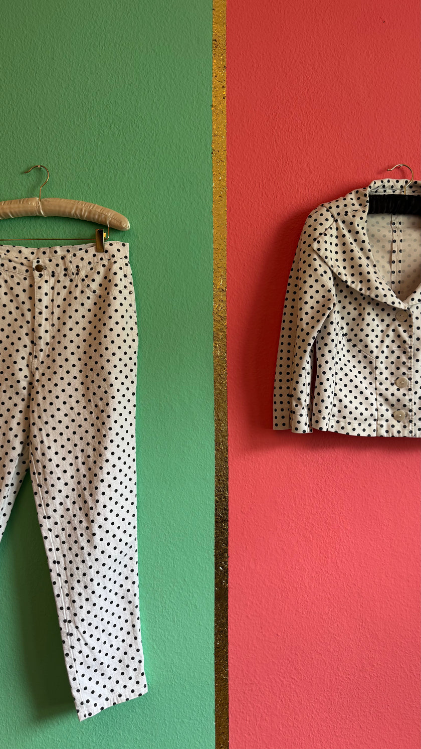 Vintage 1980s Ivory Polka Dot Jacket and Trouser Set