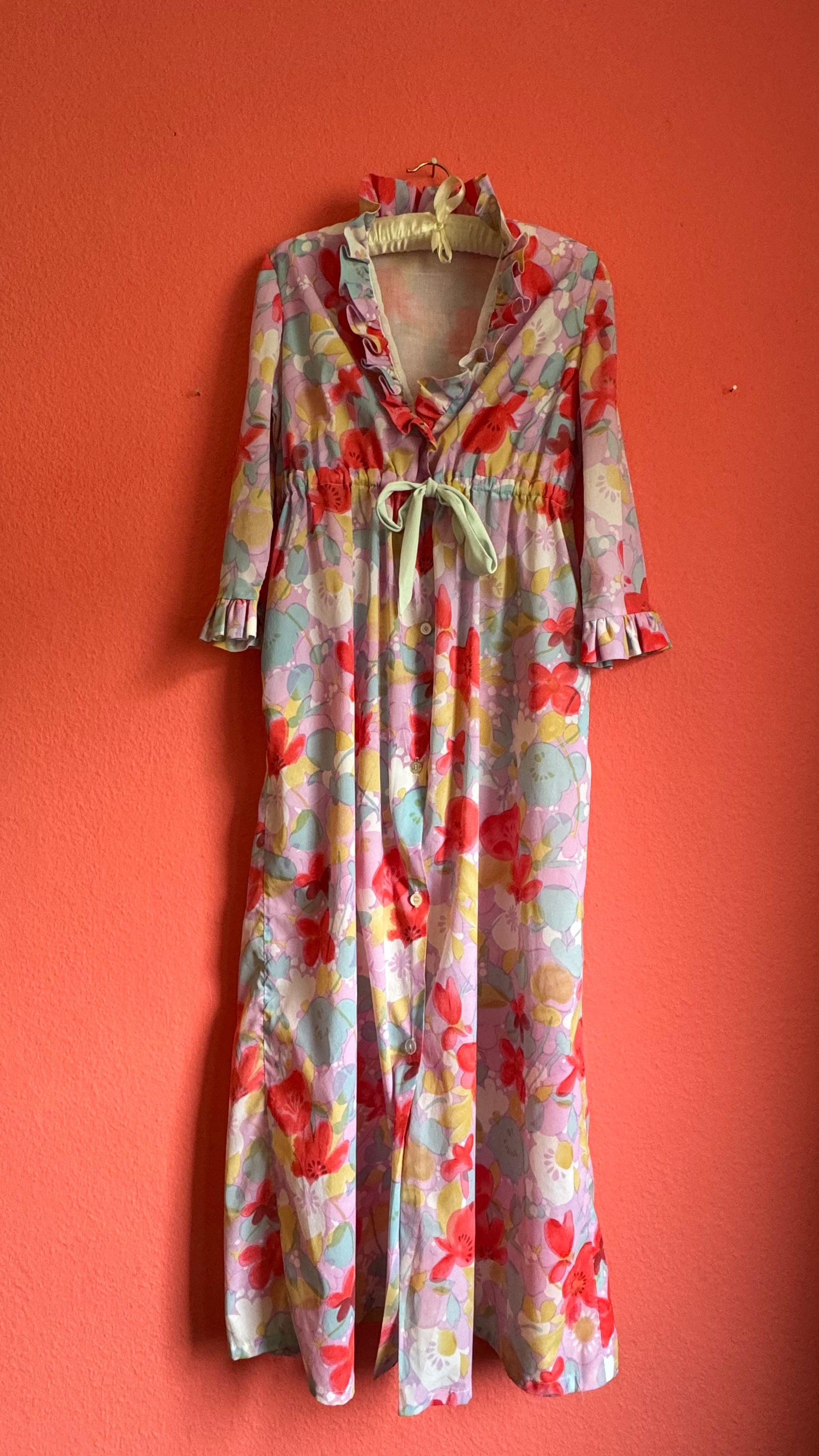 Vintage 1970s Pastel Floral Ruffle Maxi Dress