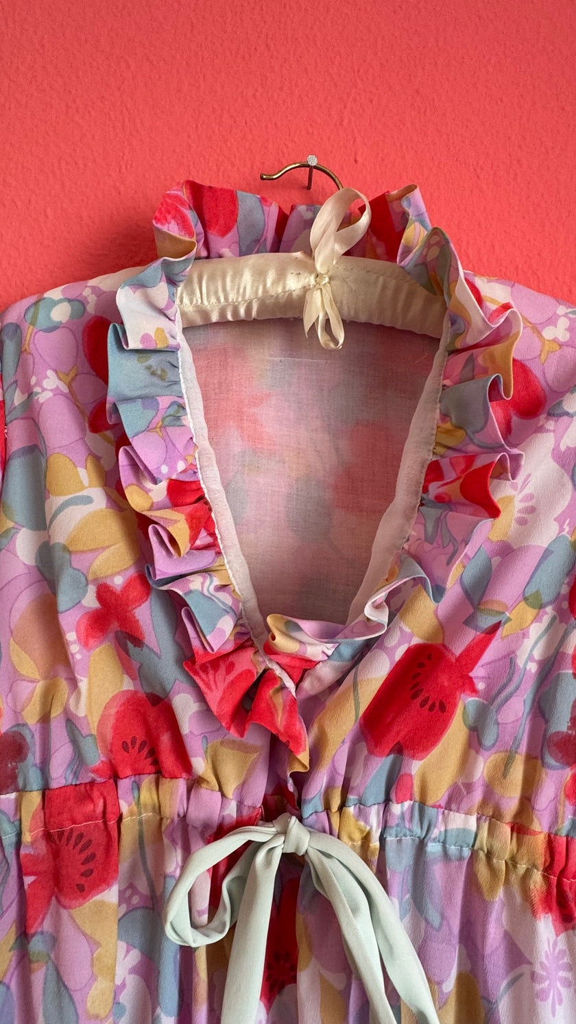Vintage 1970s Pastel Floral Ruffle Maxi Dress