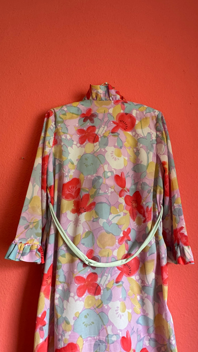 Vintage 1970s Pastel Floral Ruffle Maxi Dress