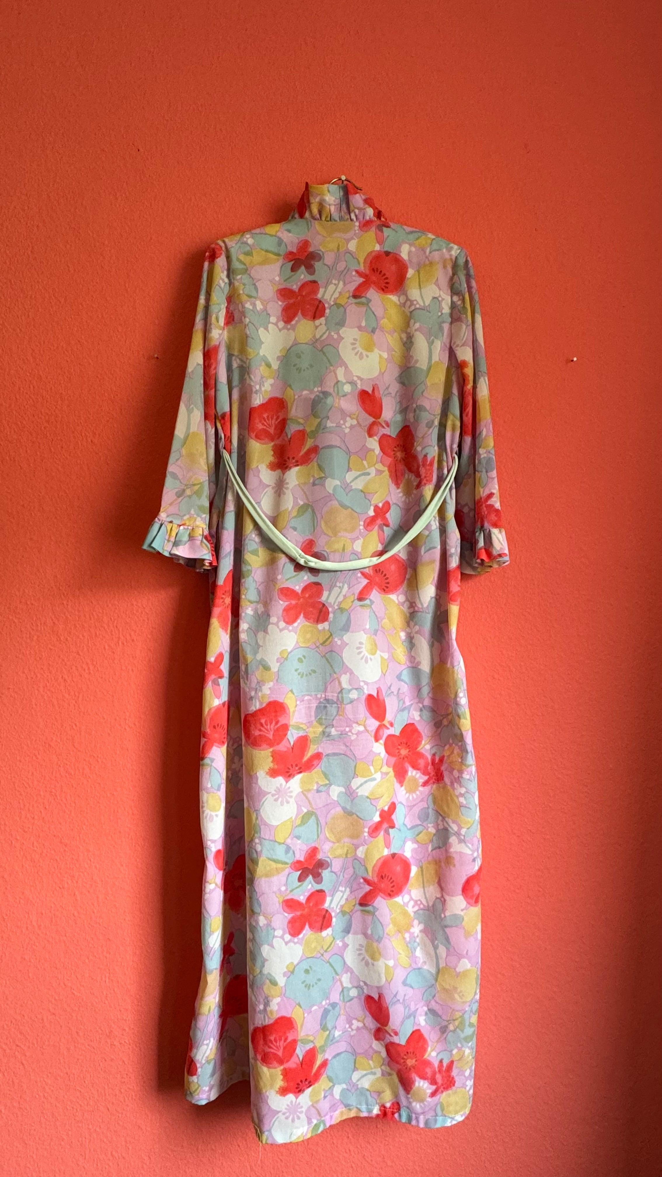 Vintage 1970s Pastel Floral Ruffle Maxi Dress