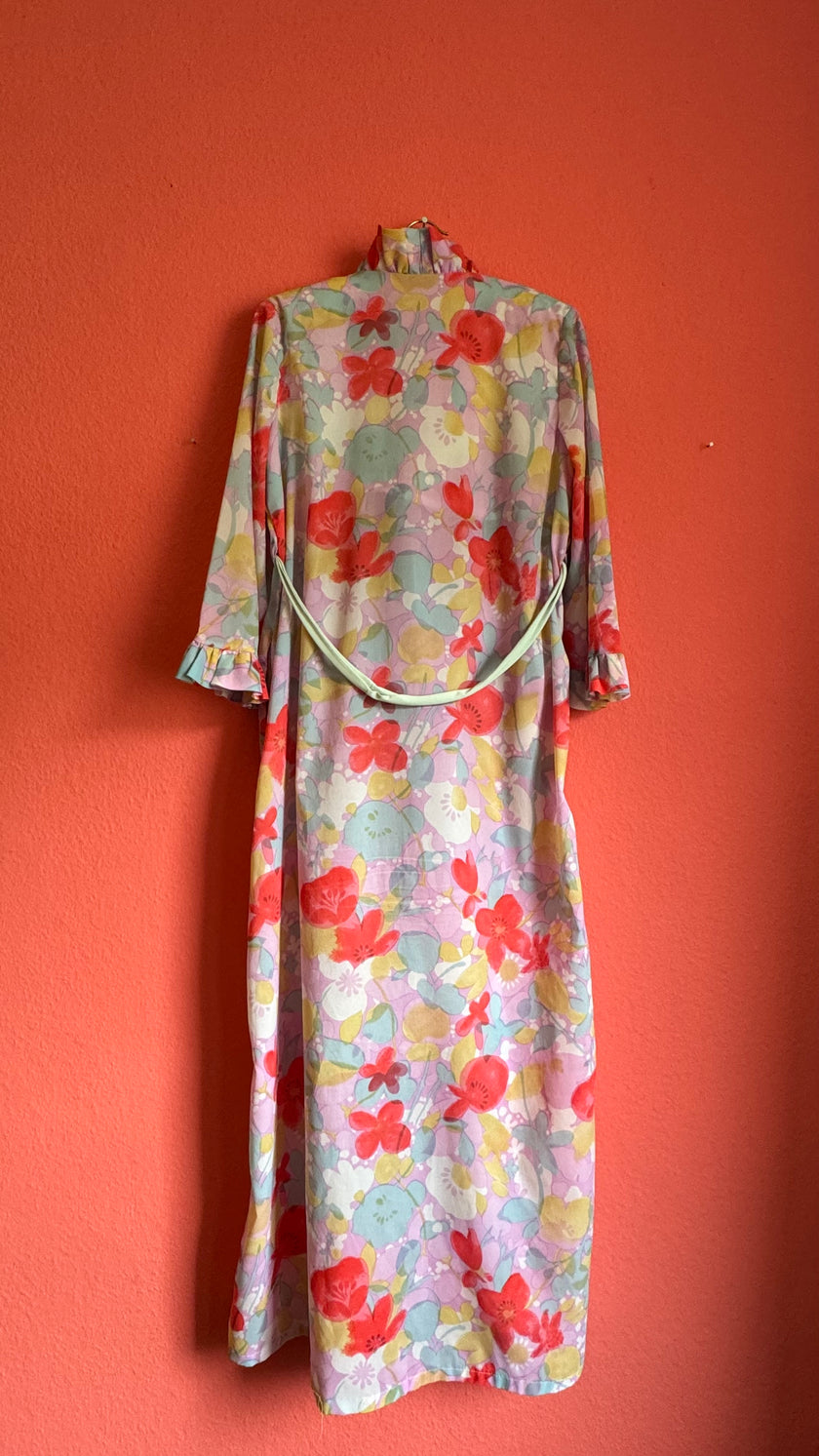Vintage 1970s Pastel Floral Ruffle Maxi Dress
