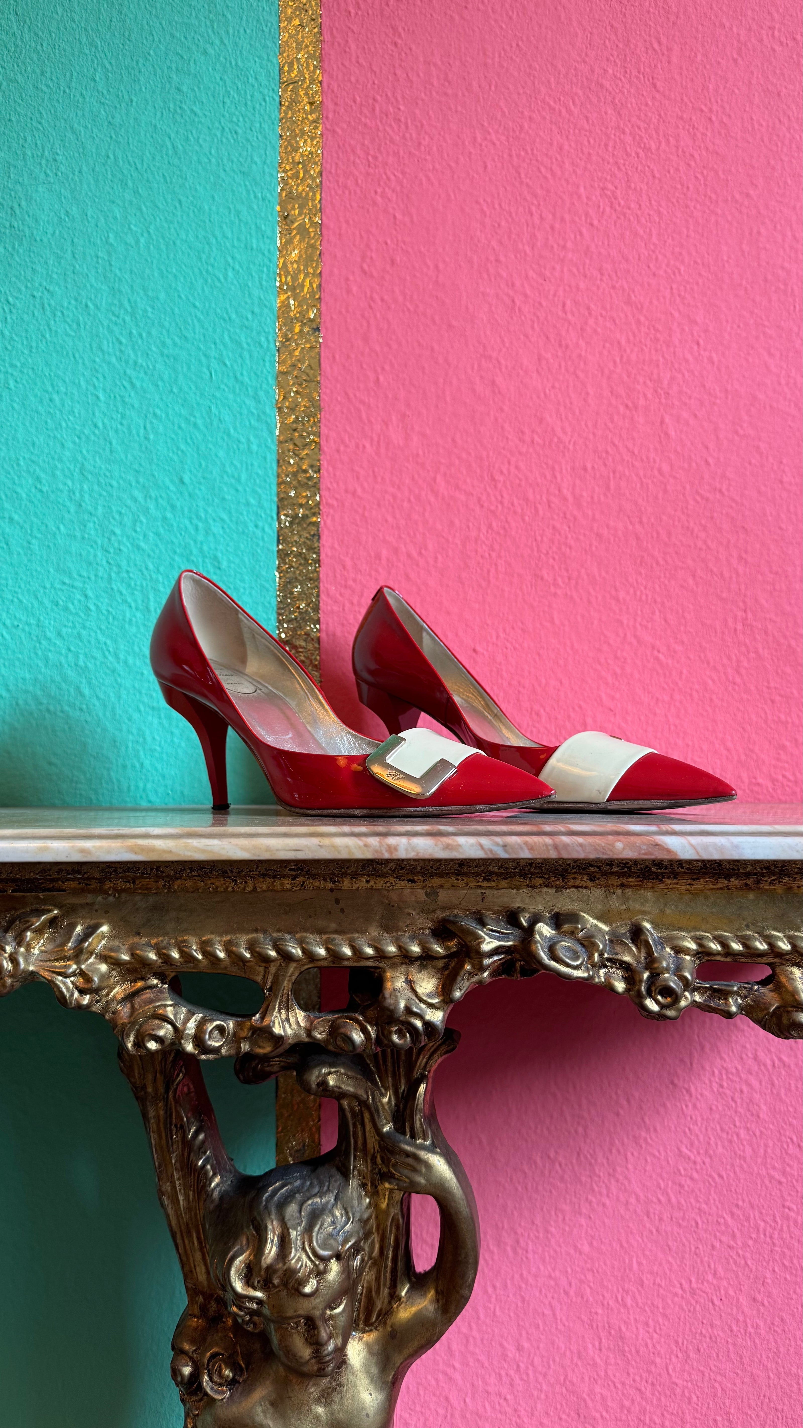 Vintage Early 2000s Red Buckle Pumps by Roger Vivier