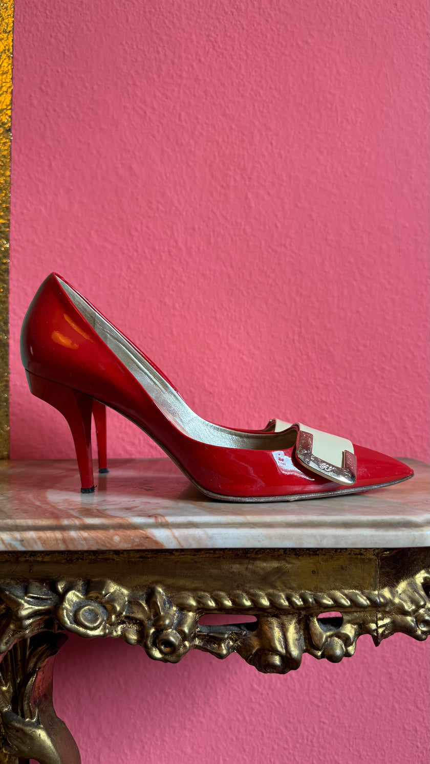 Vintage Early 2000s Red Buckle Pumps by Roger Vivier