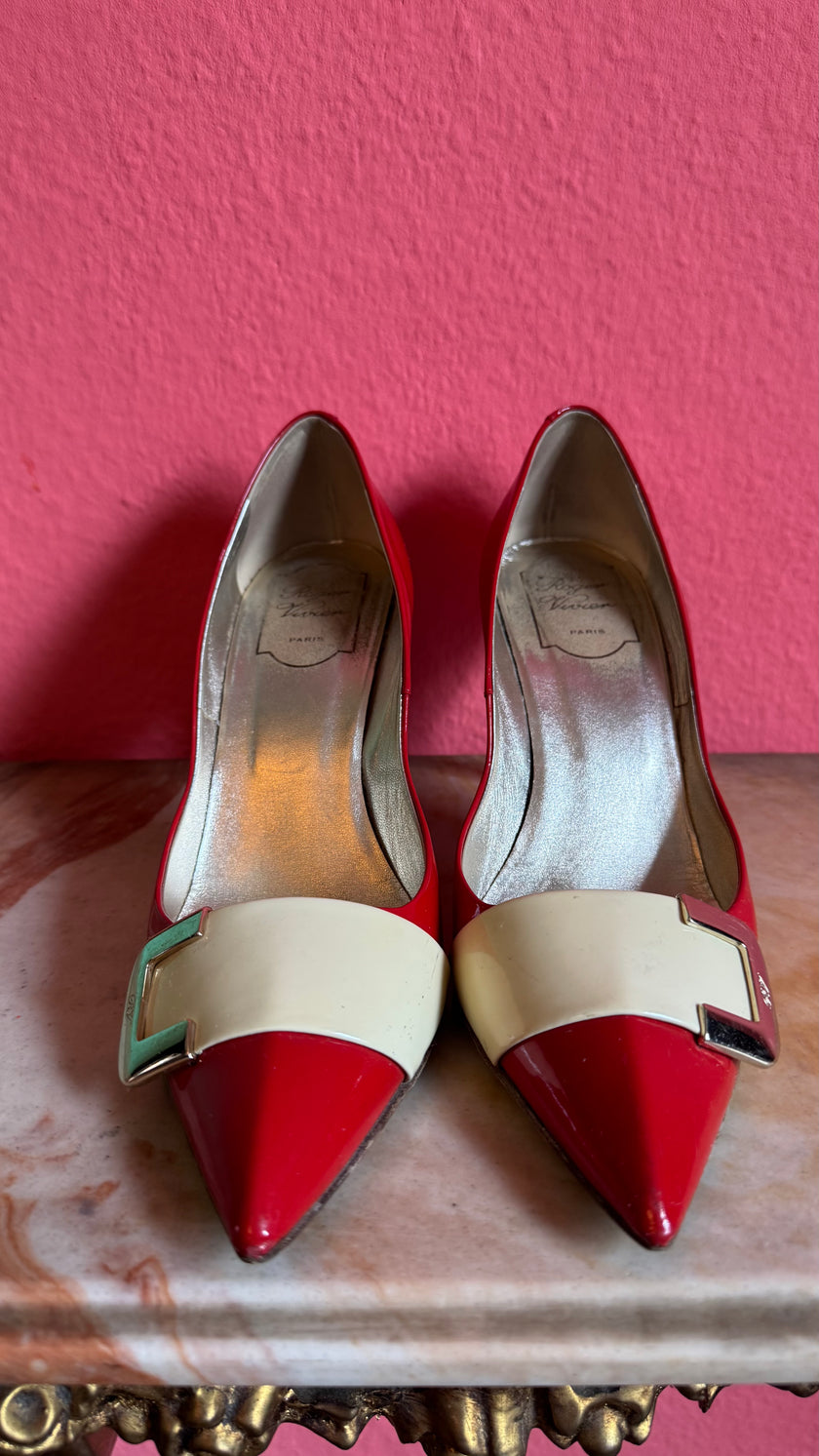 Vintage Early 2000s Red Buckle Pumps by Roger Vivier
