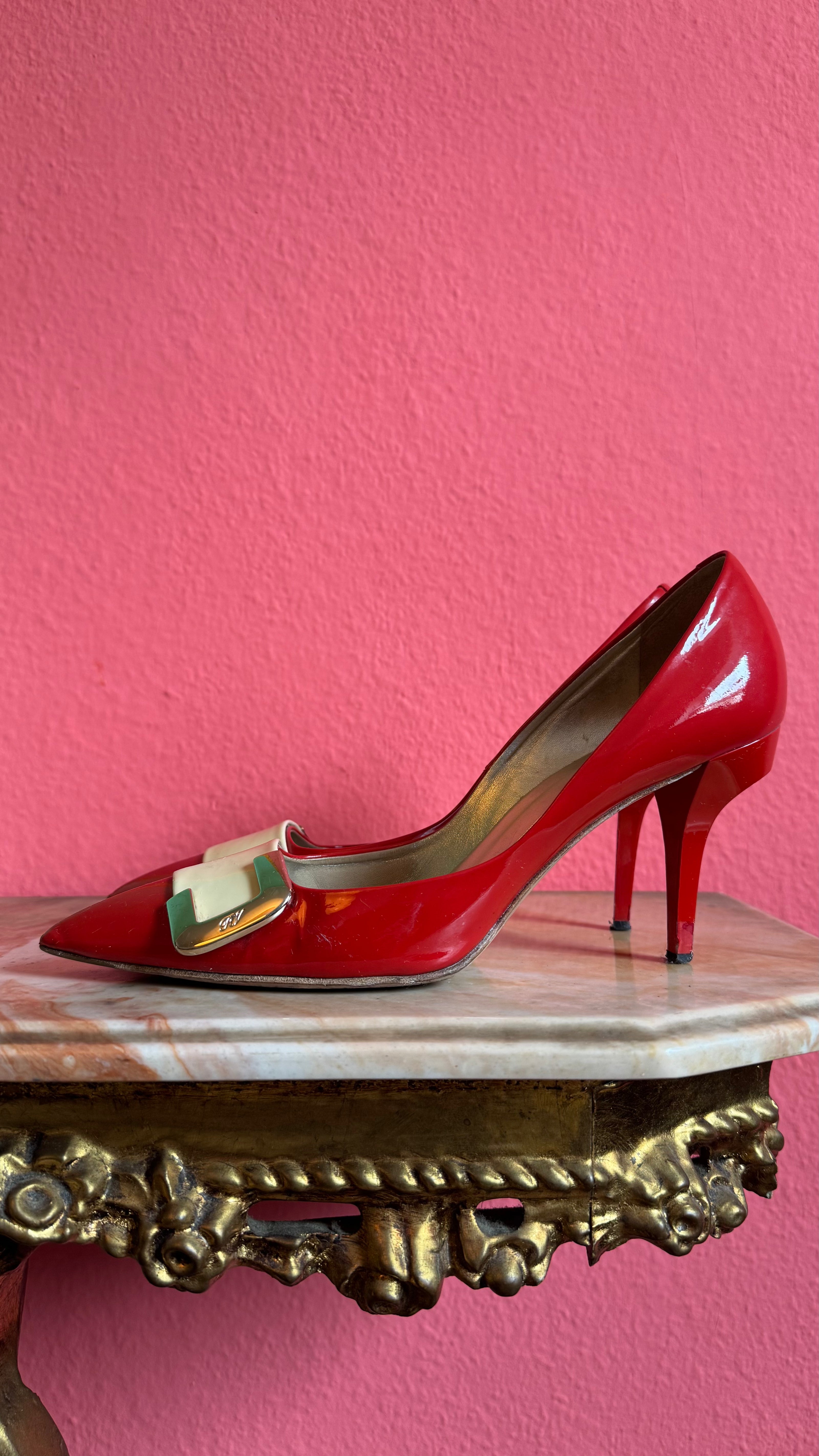 Vintage Early 2000s Red Buckle Pumps by Roger Vivier