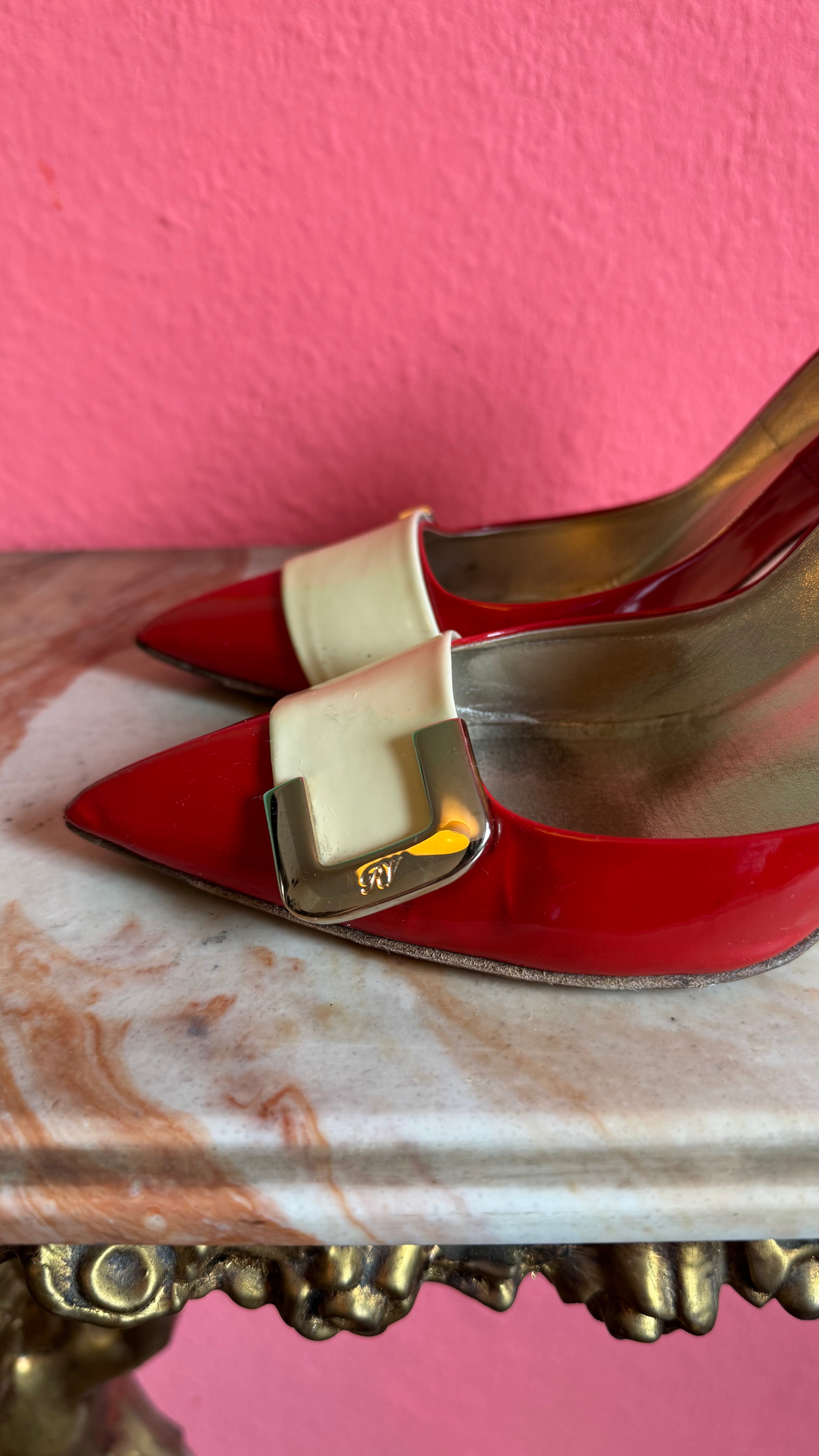 Vintage Early 2000s Red Buckle Pumps by Roger Vivier
