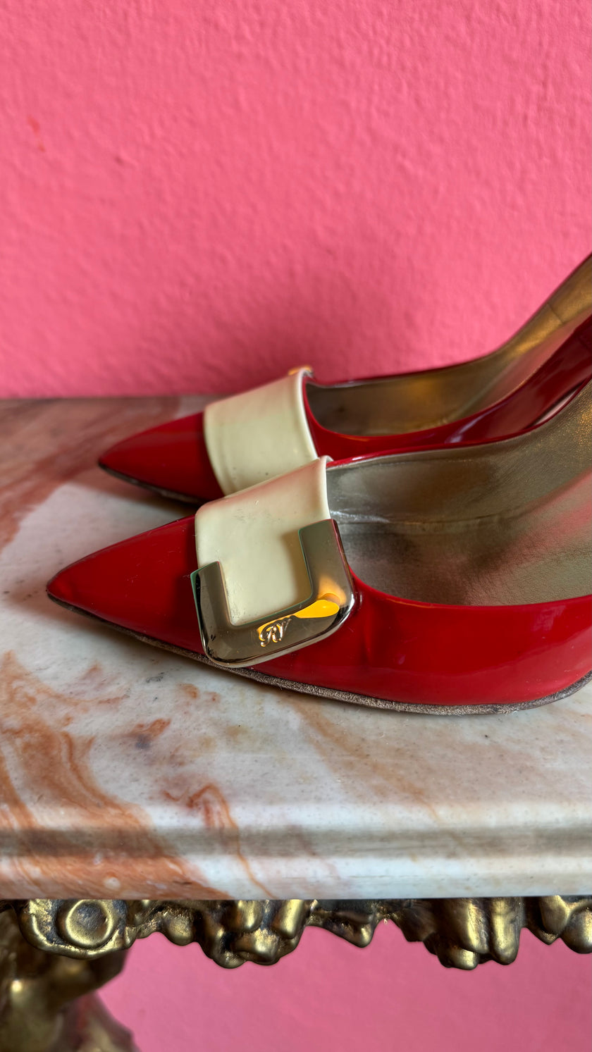 Vintage Early 2000s Red Buckle Pumps by Roger Vivier