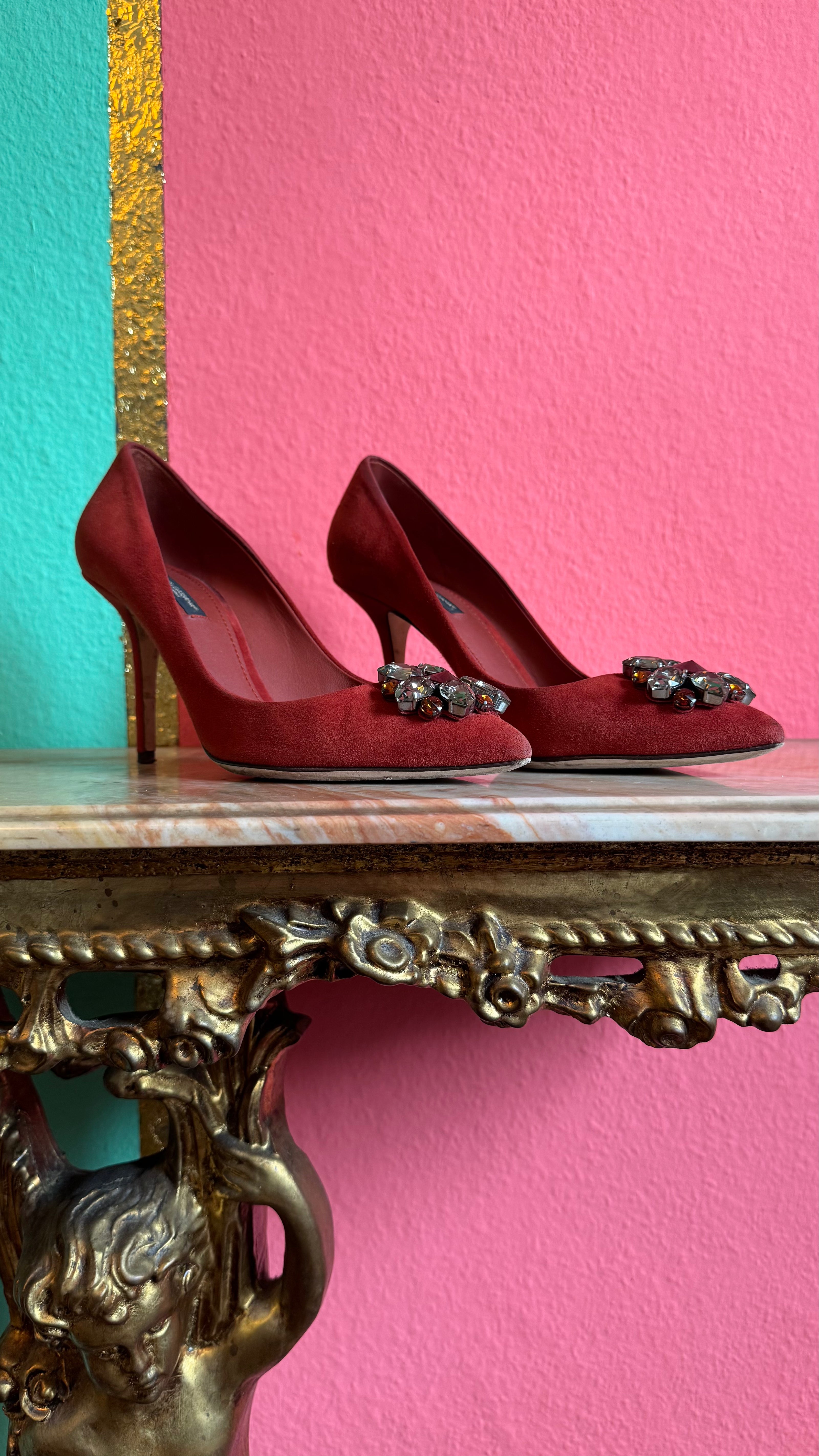 Vintage 2000s Dolce & Gabbana Burgundy Suede Crystal Pumps
