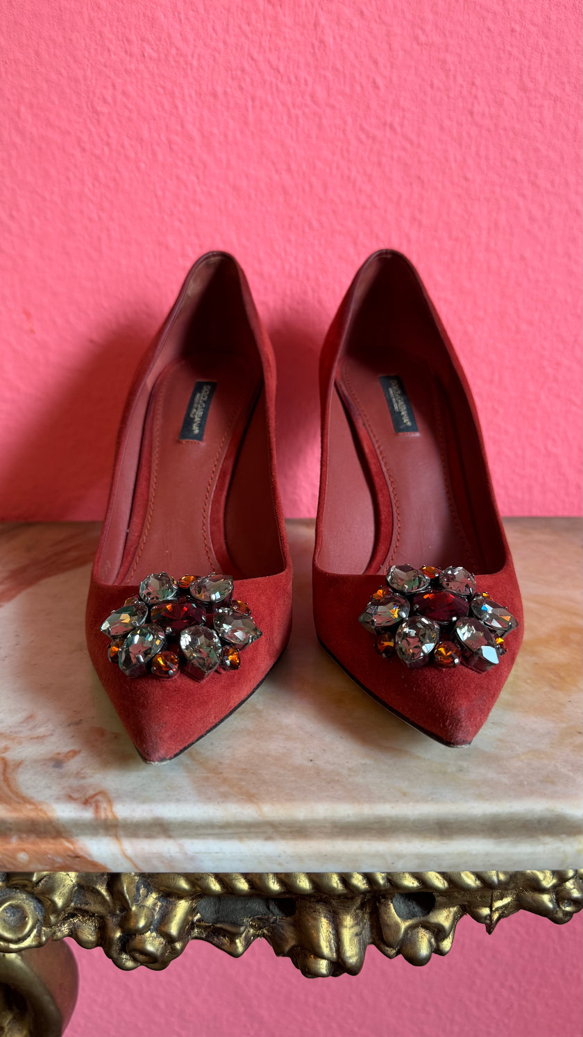 Vintage 2000s Dolce & Gabbana Burgundy Suede Crystal Pumps