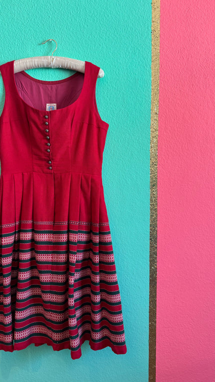 Vintage 1970s Red Pleated Dirndl Dress by Dirndlecke
